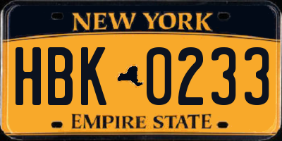 NY license plate HBK0233