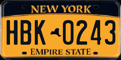 NY license plate HBK0243
