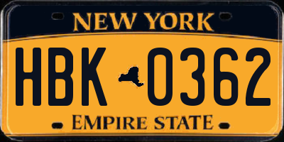 NY license plate HBK0362