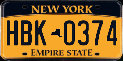NY license plate HBK0374