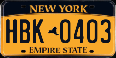 NY license plate HBK0403