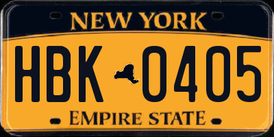 NY license plate HBK0405