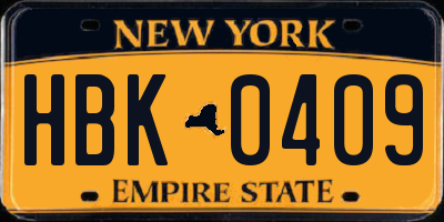 NY license plate HBK0409