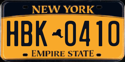 NY license plate HBK0410