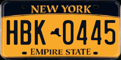 NY license plate HBK0445