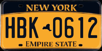 NY license plate HBK0612