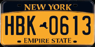 NY license plate HBK0613