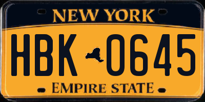 NY license plate HBK0645