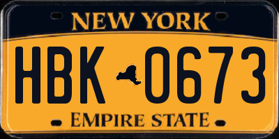 NY license plate HBK0673