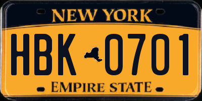 NY license plate HBK0701