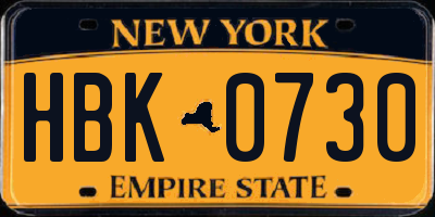 NY license plate HBK0730