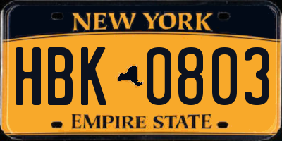 NY license plate HBK0803