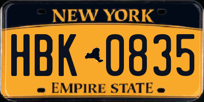 NY license plate HBK0835