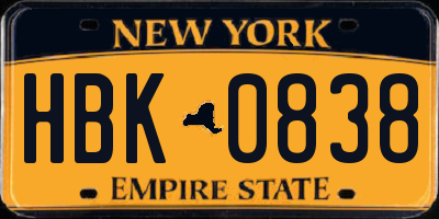 NY license plate HBK0838