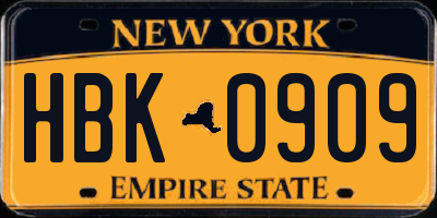 NY license plate HBK0909
