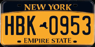 NY license plate HBK0953