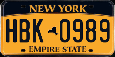 NY license plate HBK0989