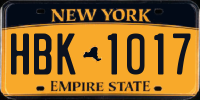 NY license plate HBK1017