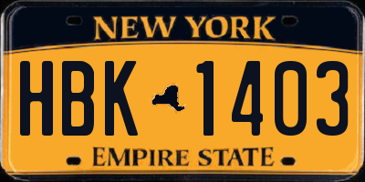 NY license plate HBK1403