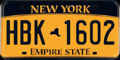 NY license plate HBK1602
