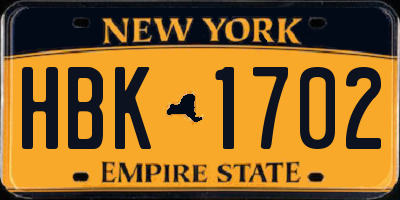 NY license plate HBK1702
