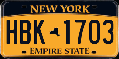 NY license plate HBK1703