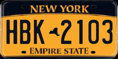 NY license plate HBK2103