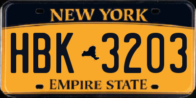 NY license plate HBK3203