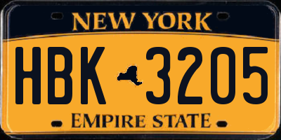 NY license plate HBK3205