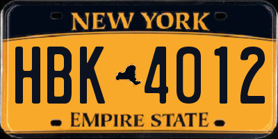 NY license plate HBK4012