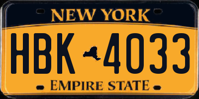 NY license plate HBK4033