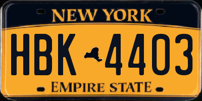 NY license plate HBK4403