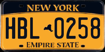 NY license plate HBL0258