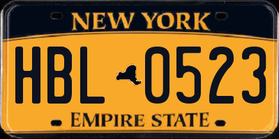 NY license plate HBL0523