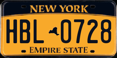 NY license plate HBL0728
