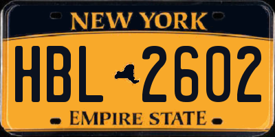 NY license plate HBL2602