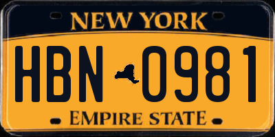 NY license plate HBN0981