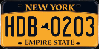 NY license plate HDB0203