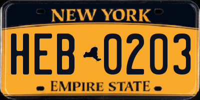 NY license plate HEB0203