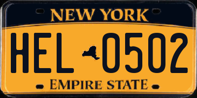 NY license plate HEL0502