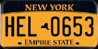 NY license plate HEL0653