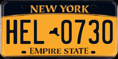NY license plate HEL0730