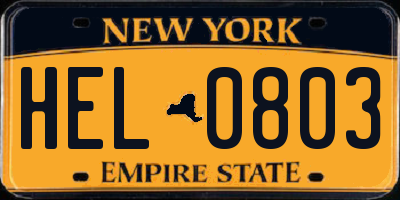 NY license plate HEL0803