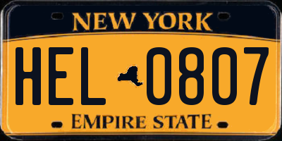 NY license plate HEL0807