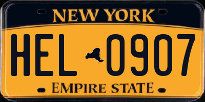 NY license plate HEL0907