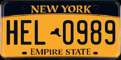 NY license plate HEL0989