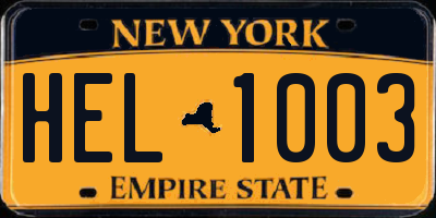 NY license plate HEL1003