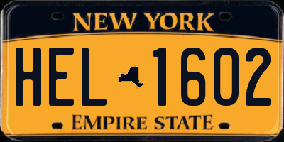 NY license plate HEL1602