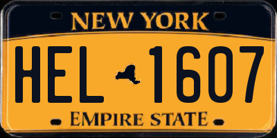 NY license plate HEL1607
