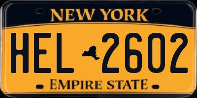 NY license plate HEL2602